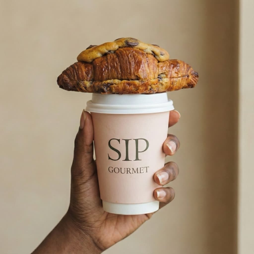 A hand holding a Sip Gourmet branded coffee cup topped with a fresh, chocolate-drizzled croissant.